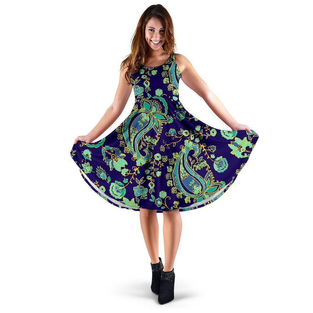 Blue Bohemian Paisley Pattern Print Women's Dress