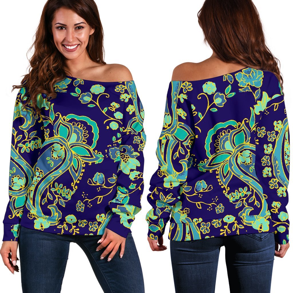 Blue Bohemian Paisley Pattern Print Women's Off-Shoulder Sweatshirt