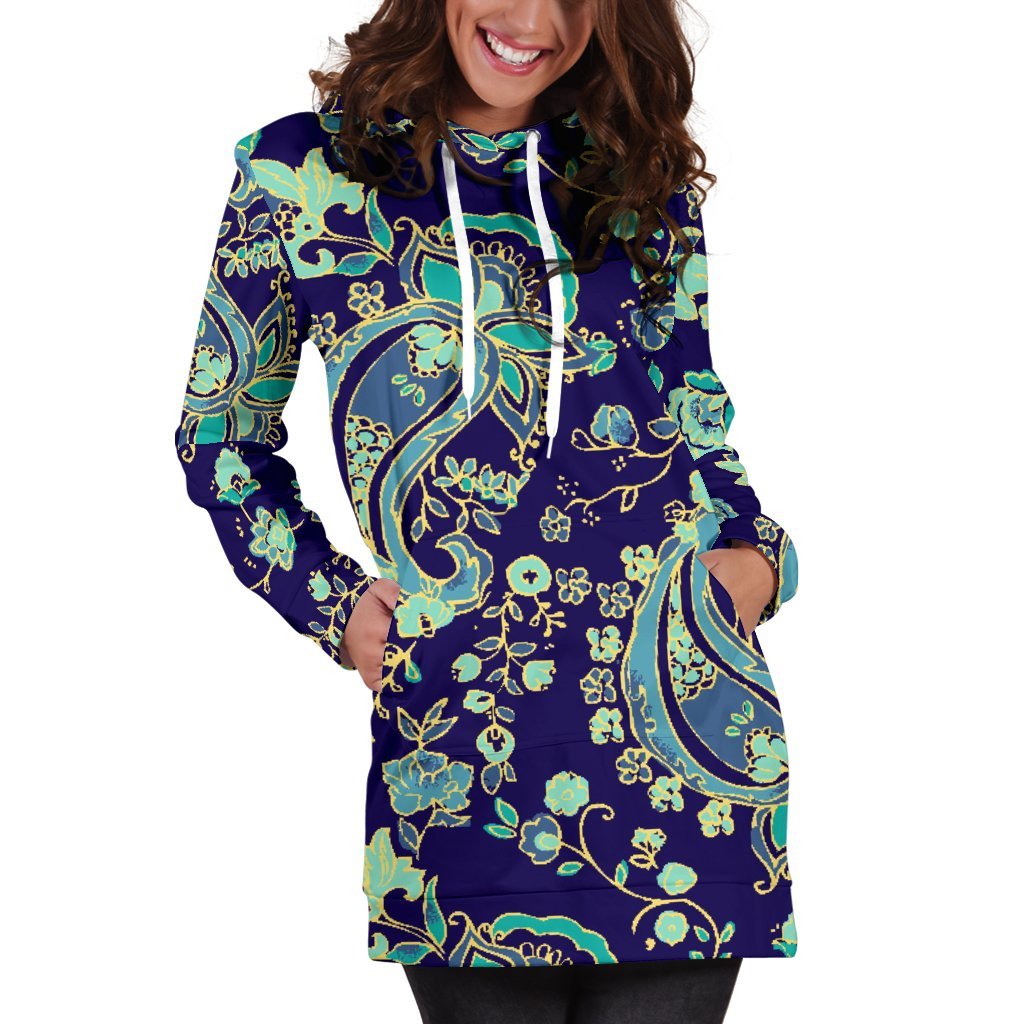 Blue Bohemian Paisley Pattern Print Women's Pullover Hoodie Dress