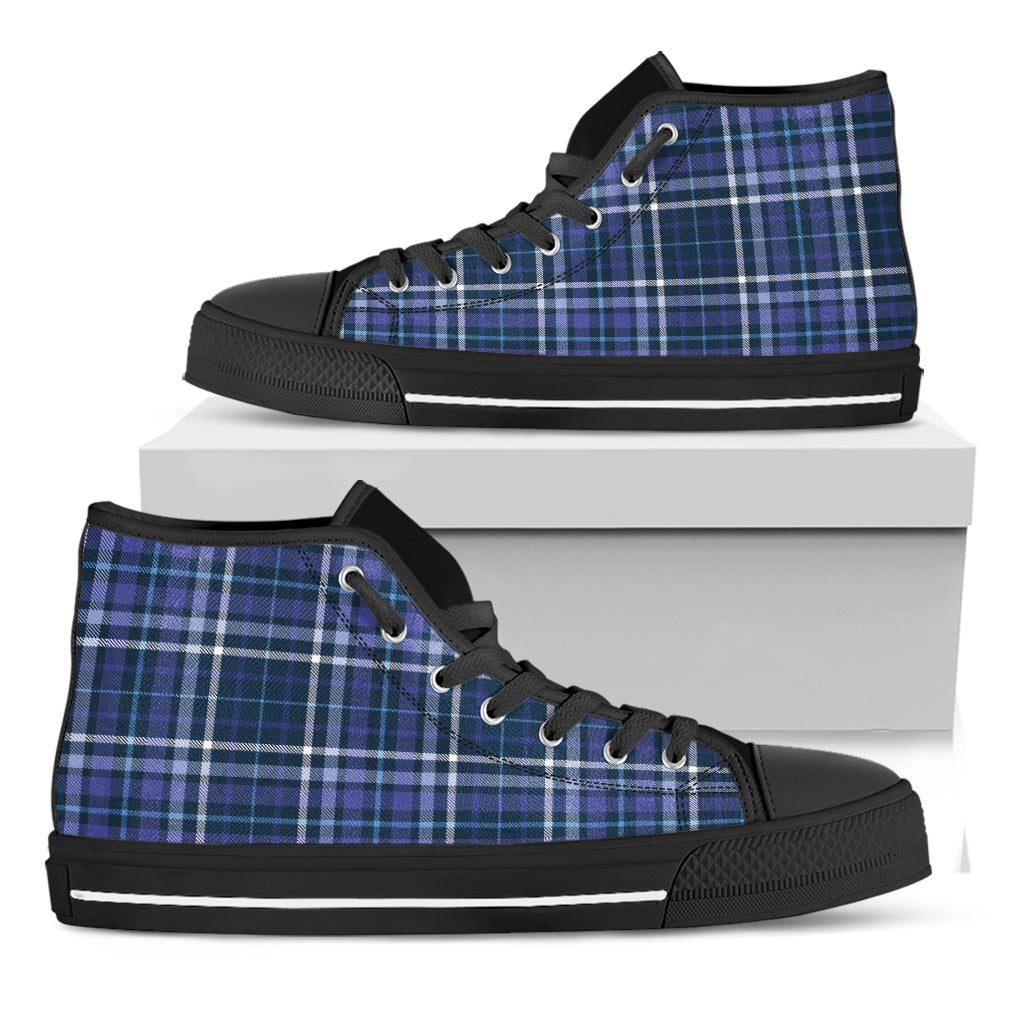 Blue Border Tartan Pattern Print Black High Top Shoes