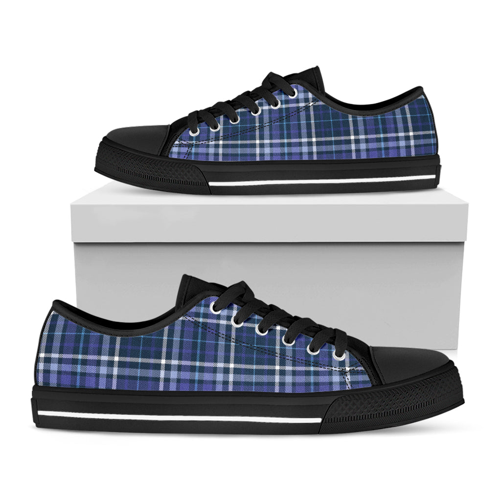 Blue Border Tartan Pattern Print Black Low Top Shoes