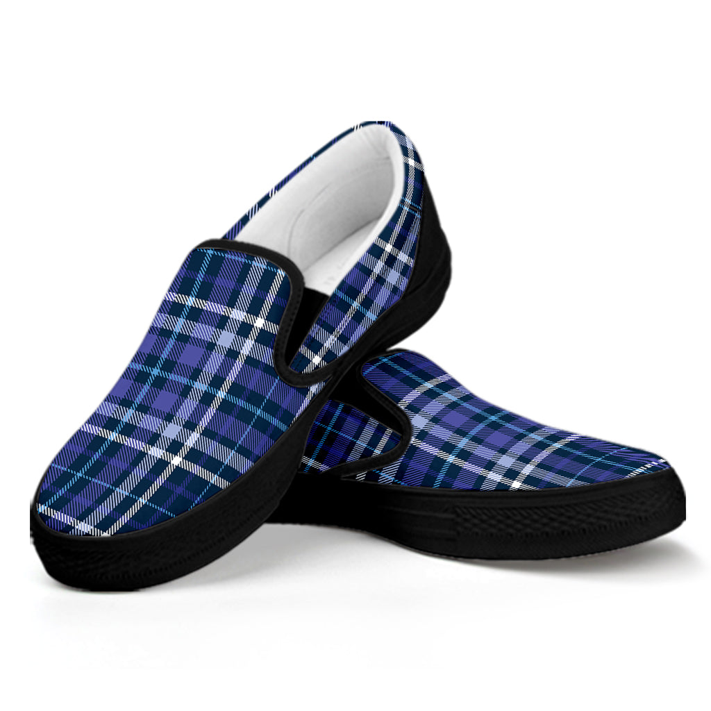 Blue Border Tartan Pattern Print Black Slip On Shoes