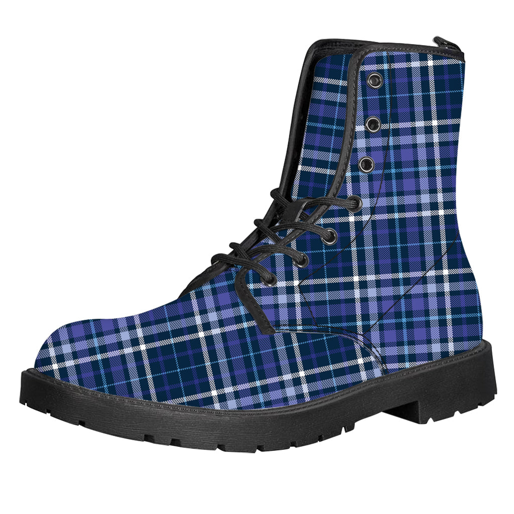 Blue Border Tartan Pattern Print Leather Boots