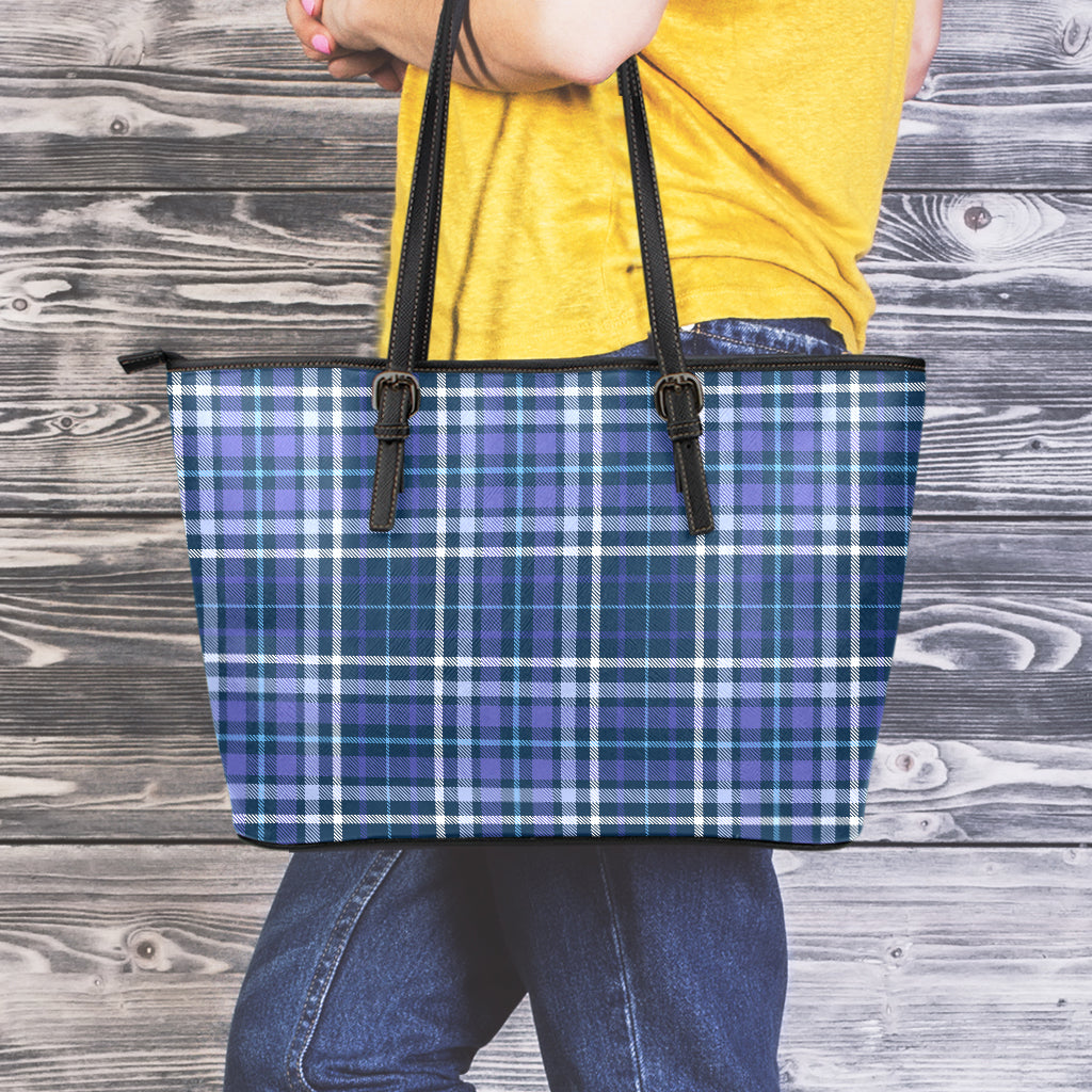 Blue Border Tartan Pattern Print Leather Tote Bag