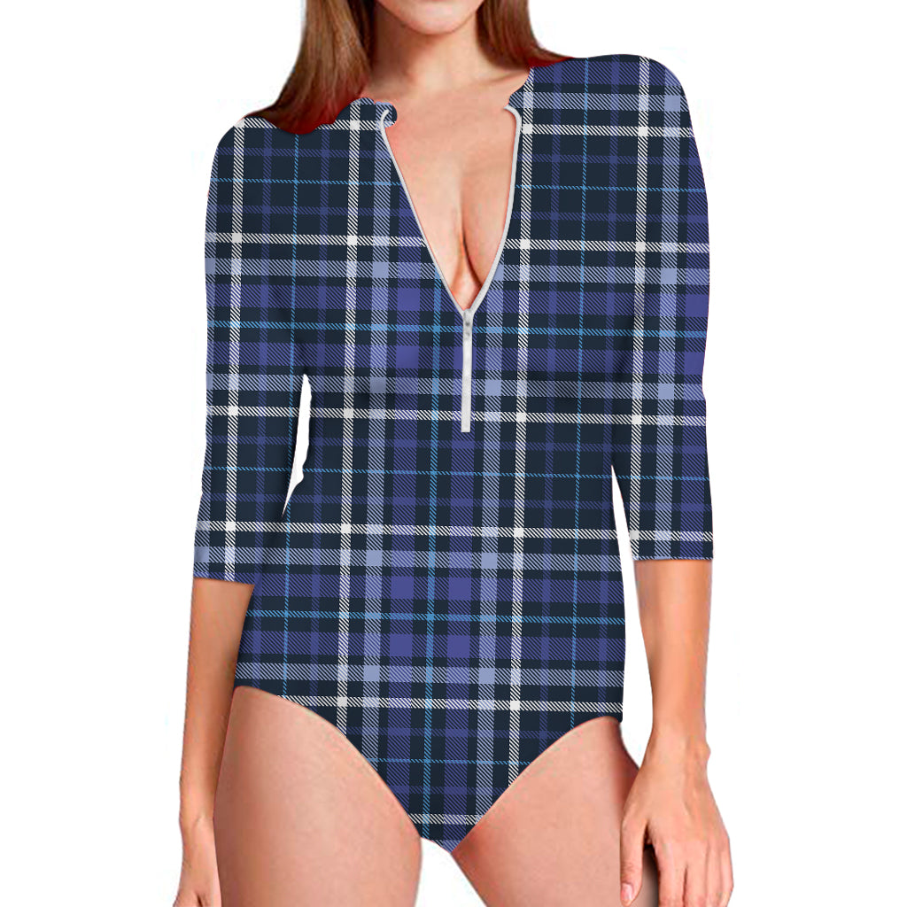 Blue Border Tartan Pattern Print Long Sleeve One Piece Swimsuit