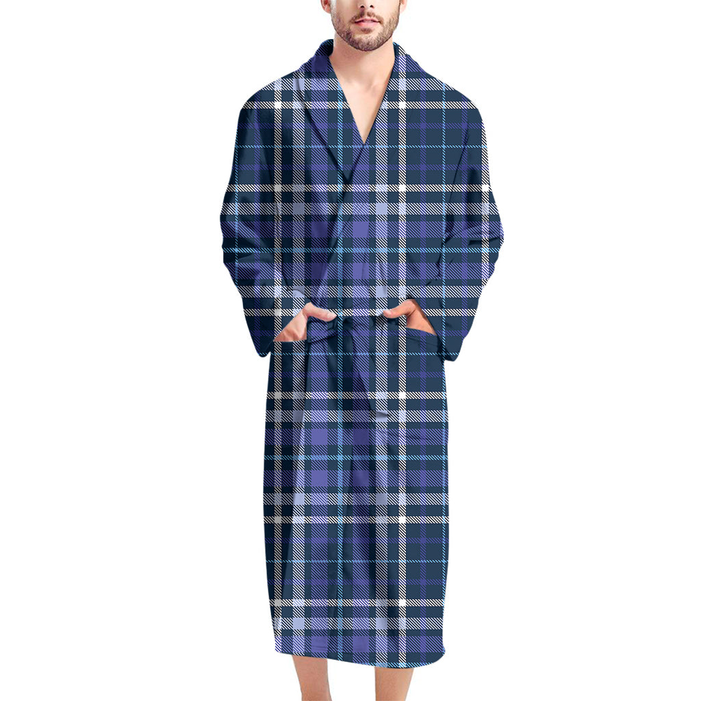 Blue Border Tartan Pattern Print Men's Bathrobe