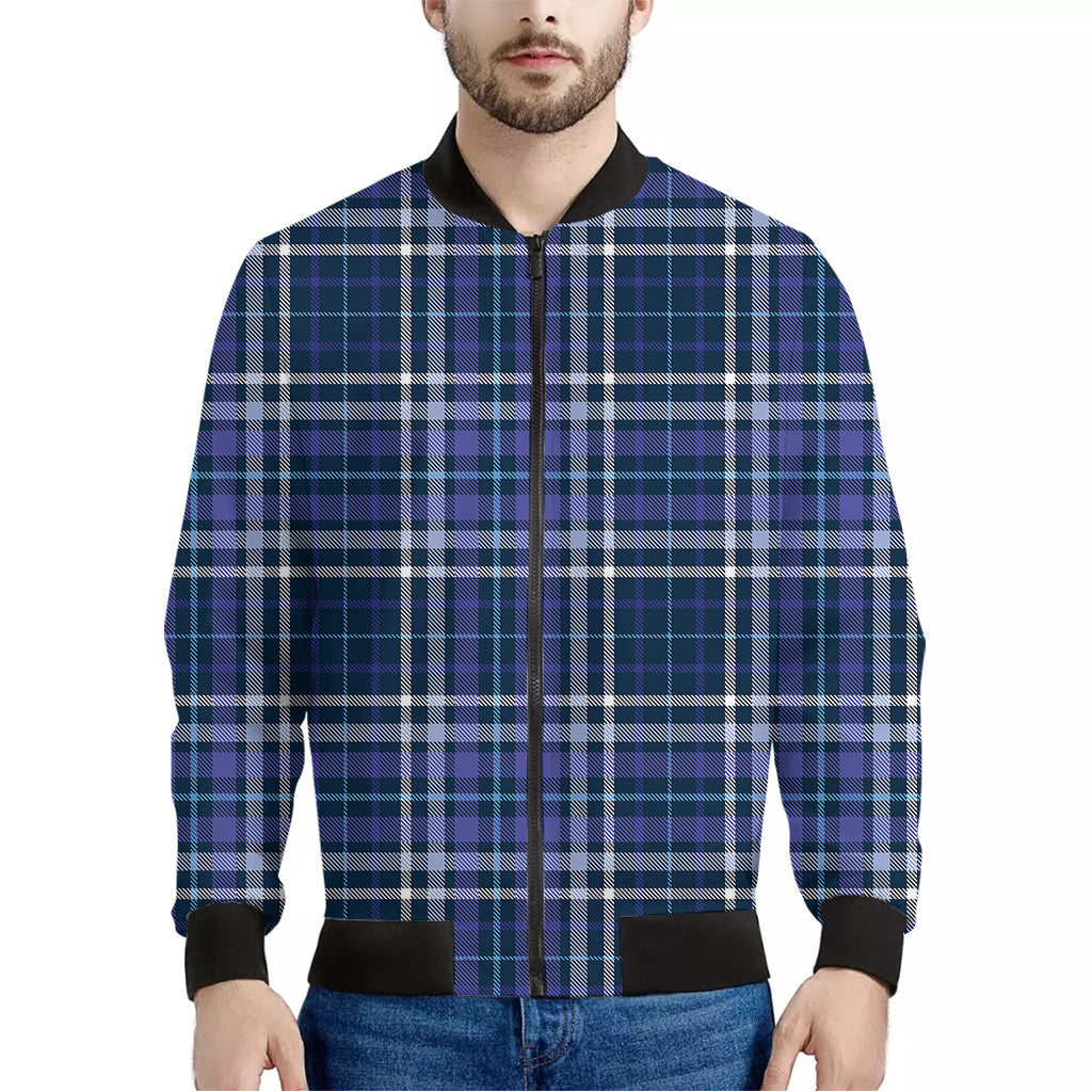 Blue Border Tartan Pattern Print Men's Bomber Jacket