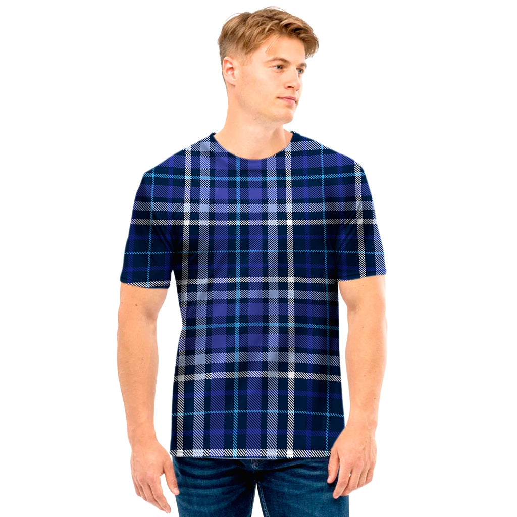 Blue Border Tartan Pattern Print Men's T-Shirt