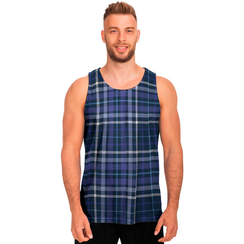 Blue Border Tartan Pattern Print Men's Tank Top