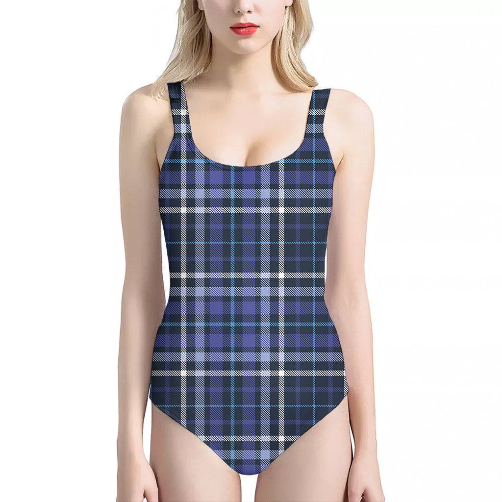 Blue Border Tartan Pattern Print One Piece Halter Neck Swimsuit