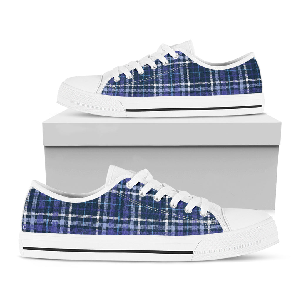 Blue Border Tartan Pattern Print White Low Top Shoes