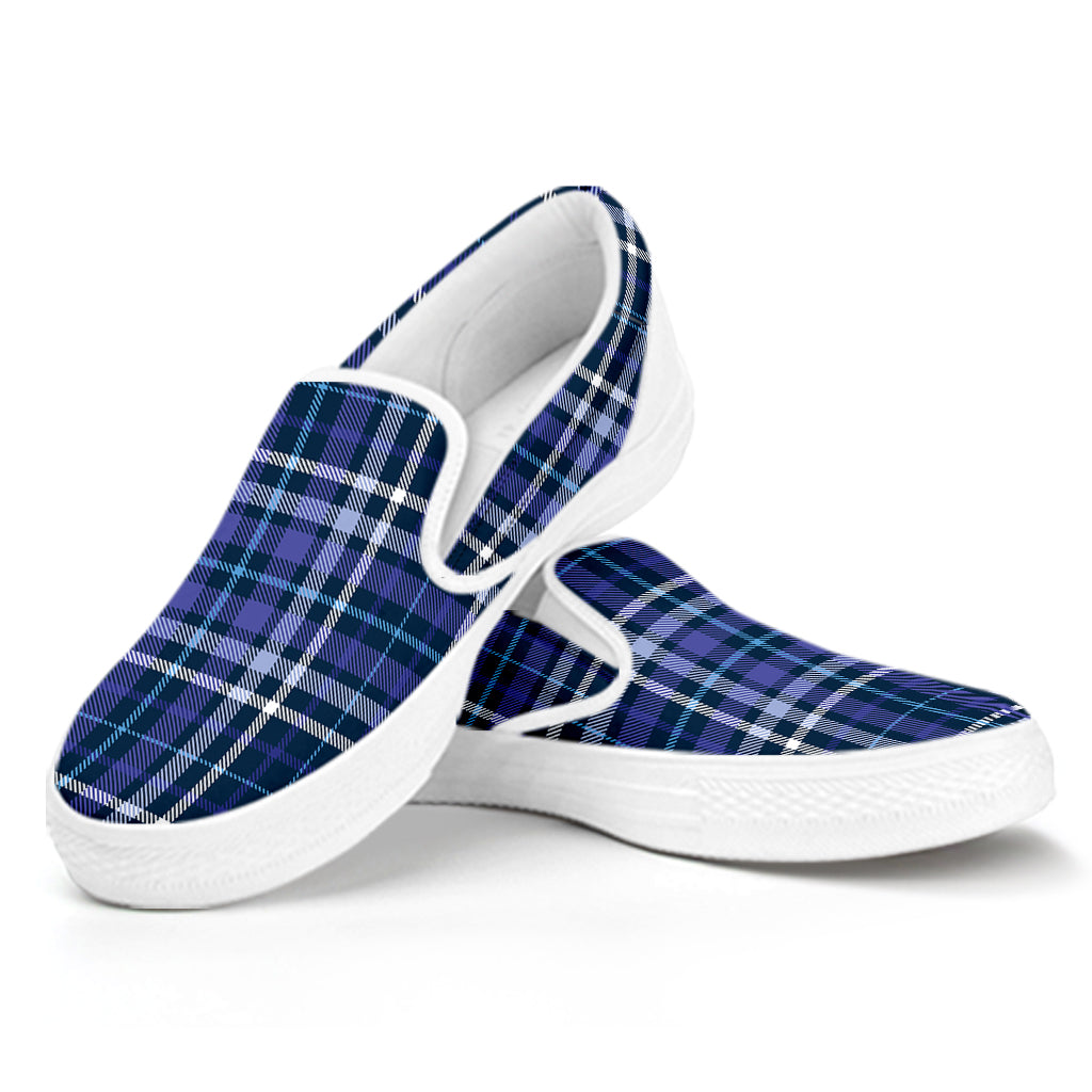 Blue Border Tartan Pattern Print White Slip On Shoes