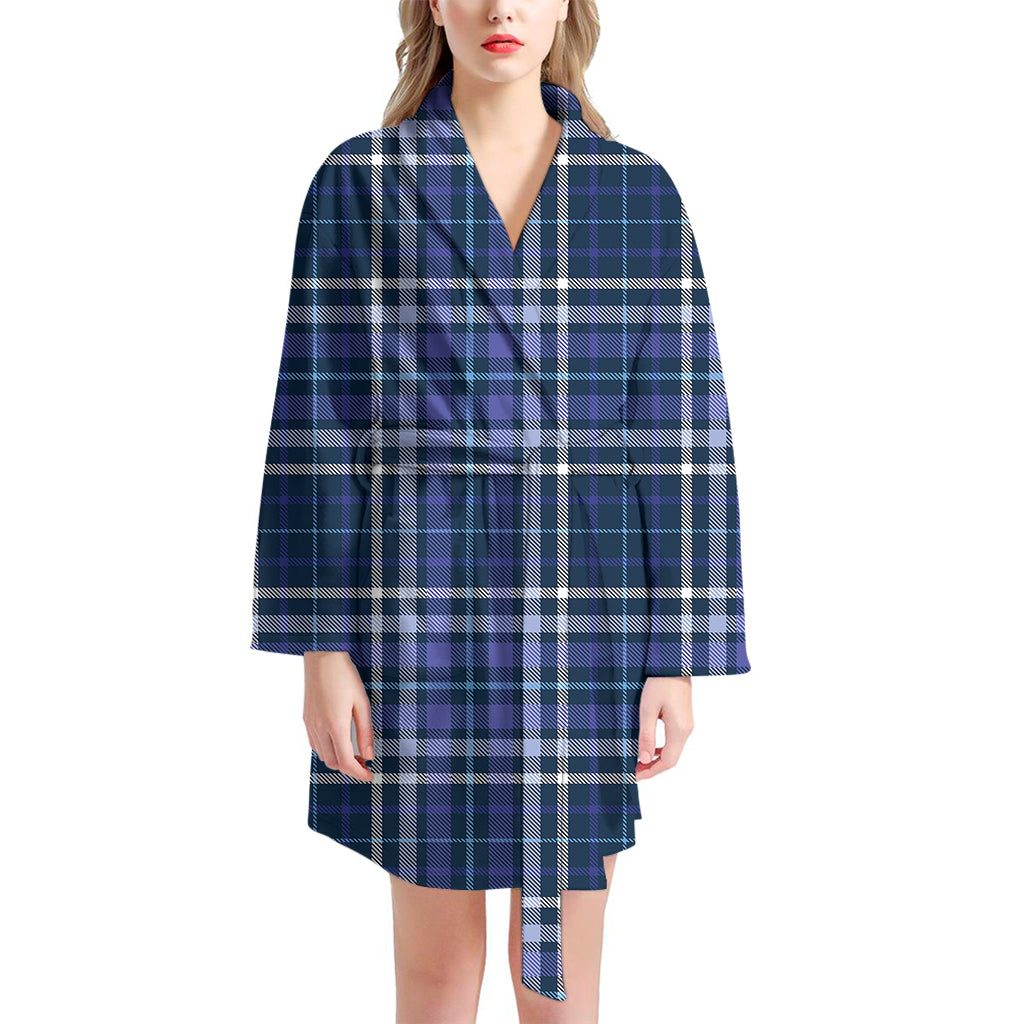 Blue Border Tartan Pattern Print Women's Bathrobe