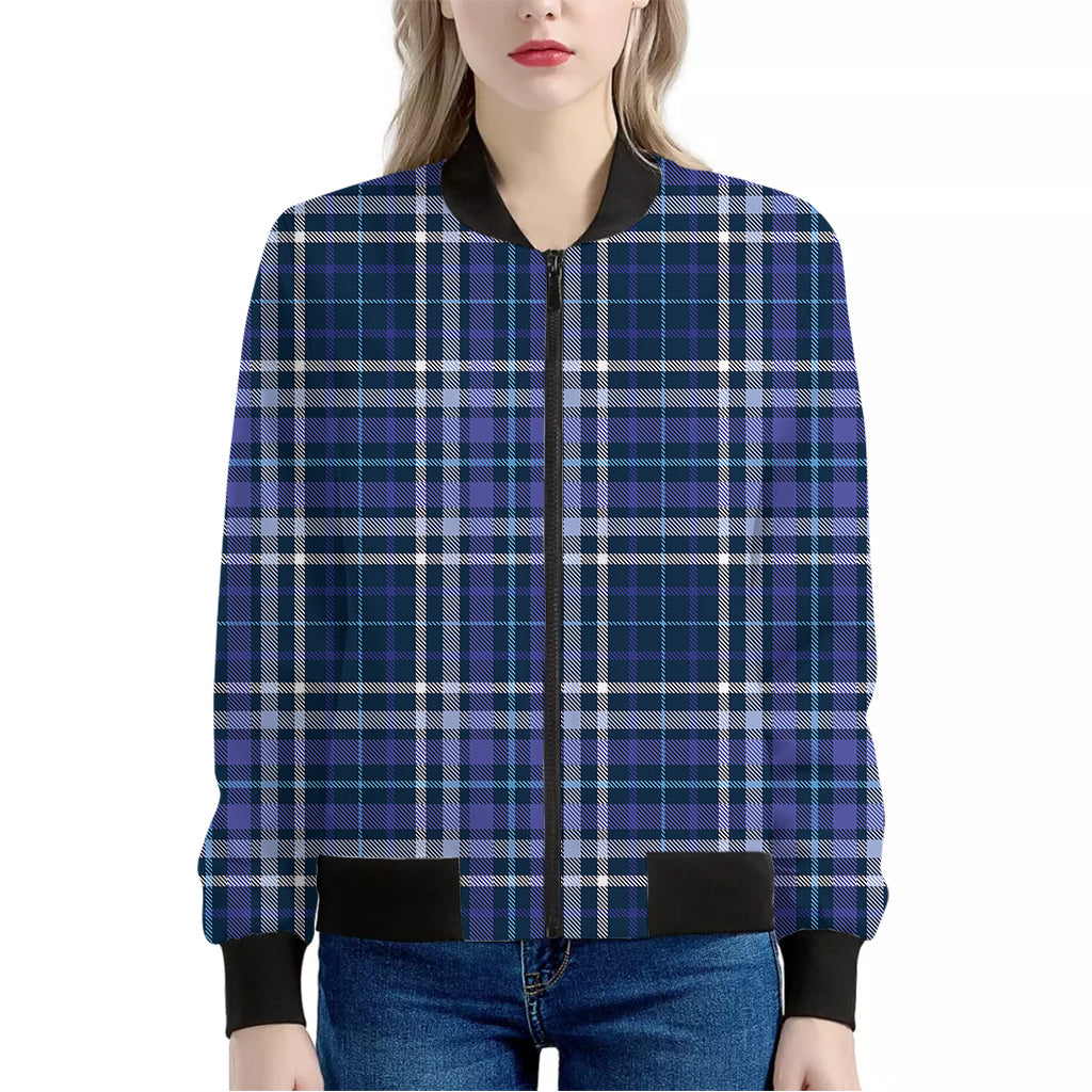 Blue Border Tartan Pattern Print Women's Bomber Jacket