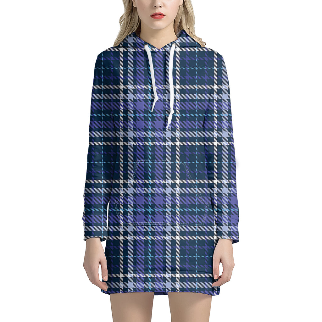 Blue Border Tartan Pattern Print Women's Pullover Hoodie Dress