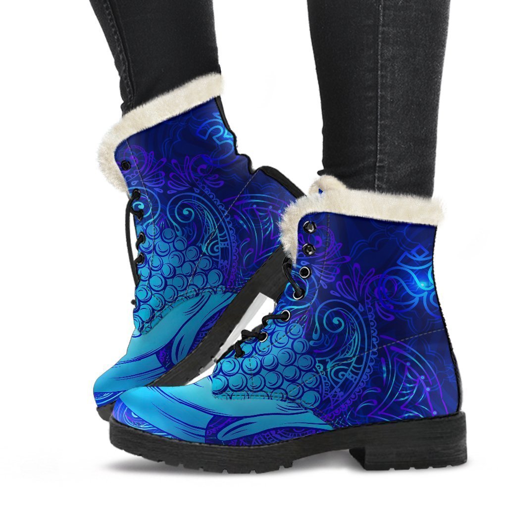 Blue Buddha Print Faux Fur Leather Boots