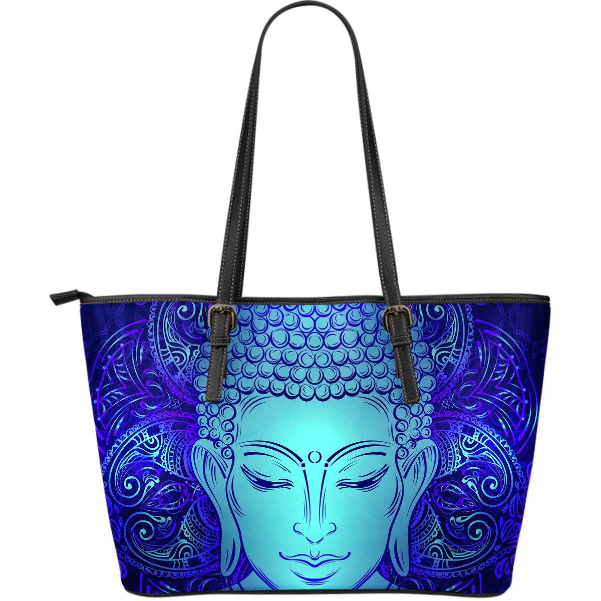 Blue Buddha Print Leather Tote Bag