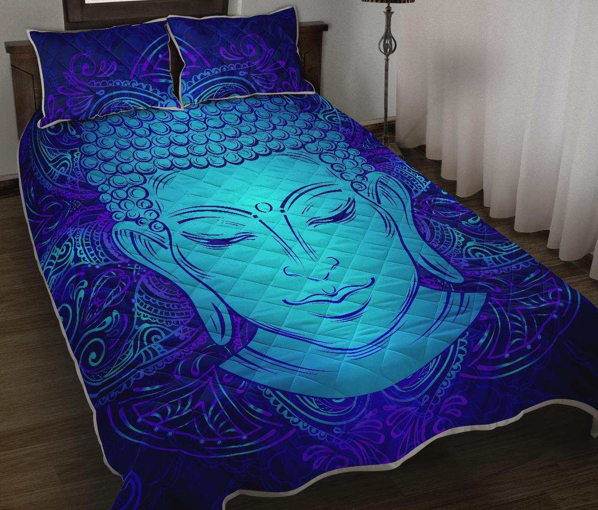 Blue Buddha Print Quilt Bed Set