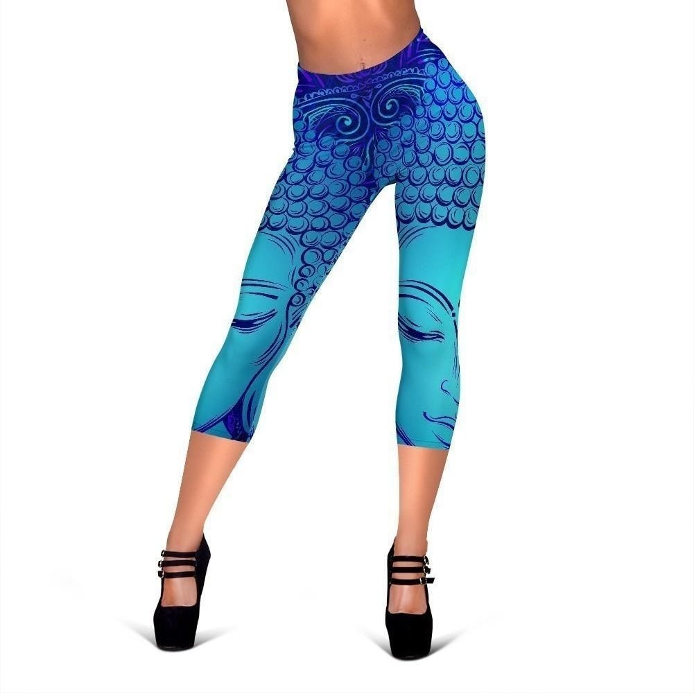 Blue Buddha Print Women's Capri Leggings