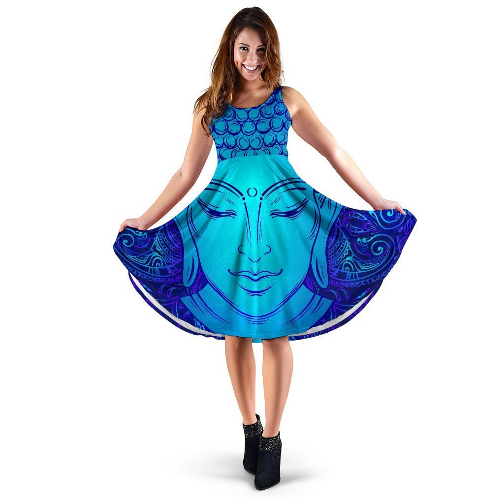 Blue Buddha Print Women's Dress