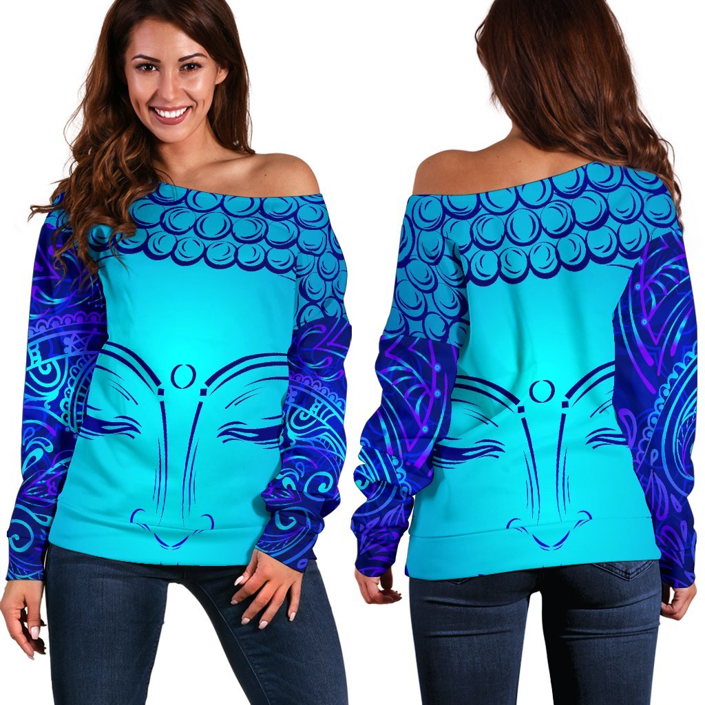 Blue Buddha Print Women's Off-Shoulder Sweatshirt