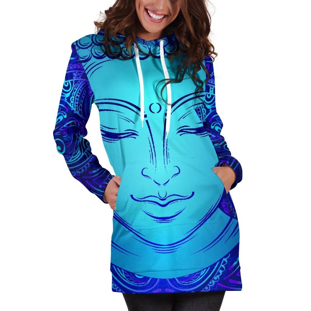 Blue Buddha Print Women's Pullover Hoodie Dress