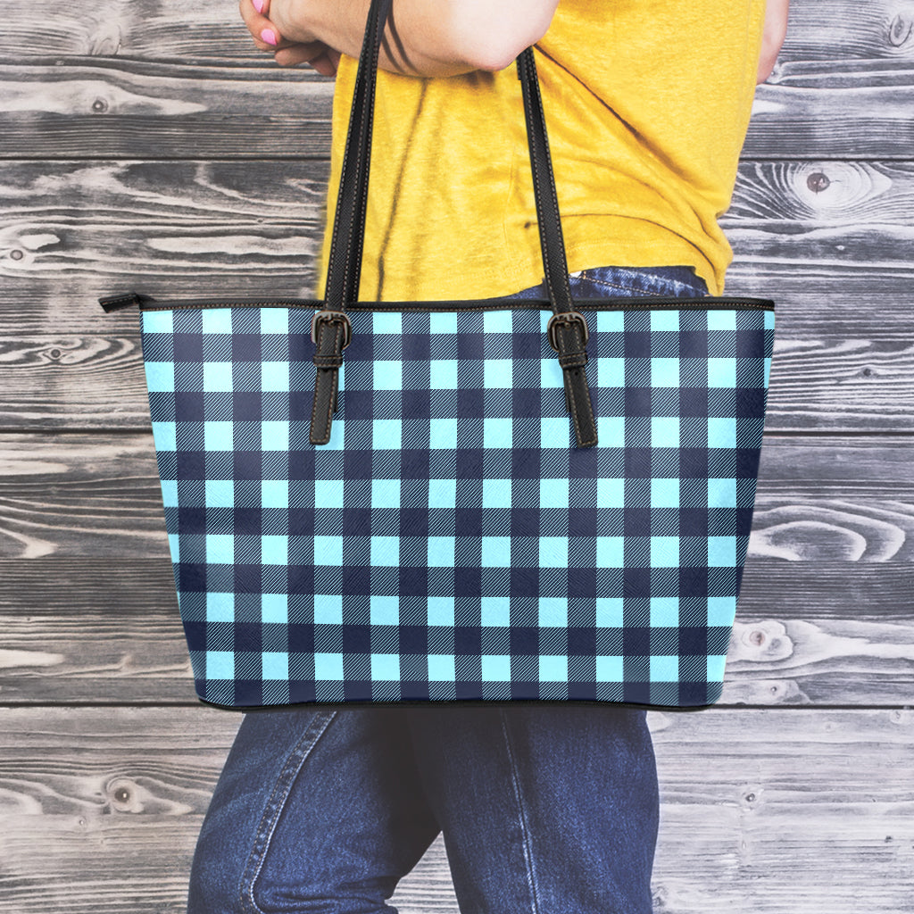 Blue Buffalo Check Pattern Print Leather Tote Bag