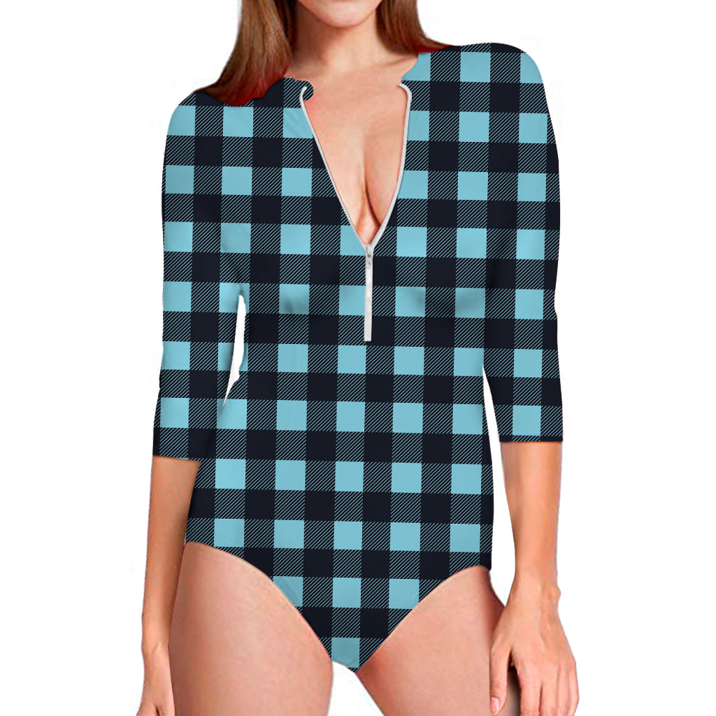 Blue Buffalo Check Pattern Print Long Sleeve One Piece Swimsuit