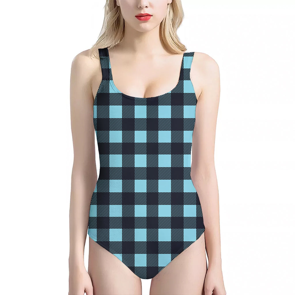 Blue Buffalo Check Pattern Print One Piece Halter Neck Swimsuit