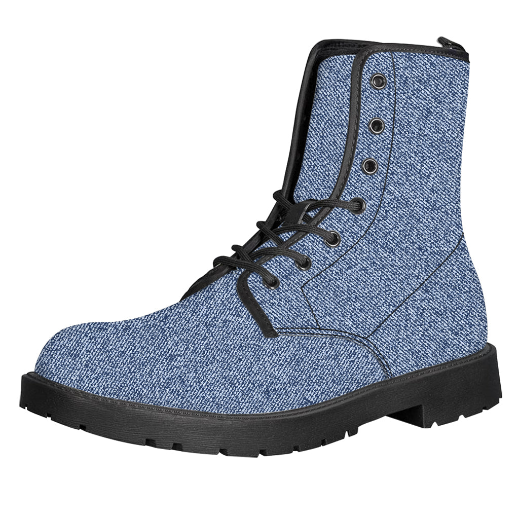 Blue Denim Jeans Pattern Print Leather Boots