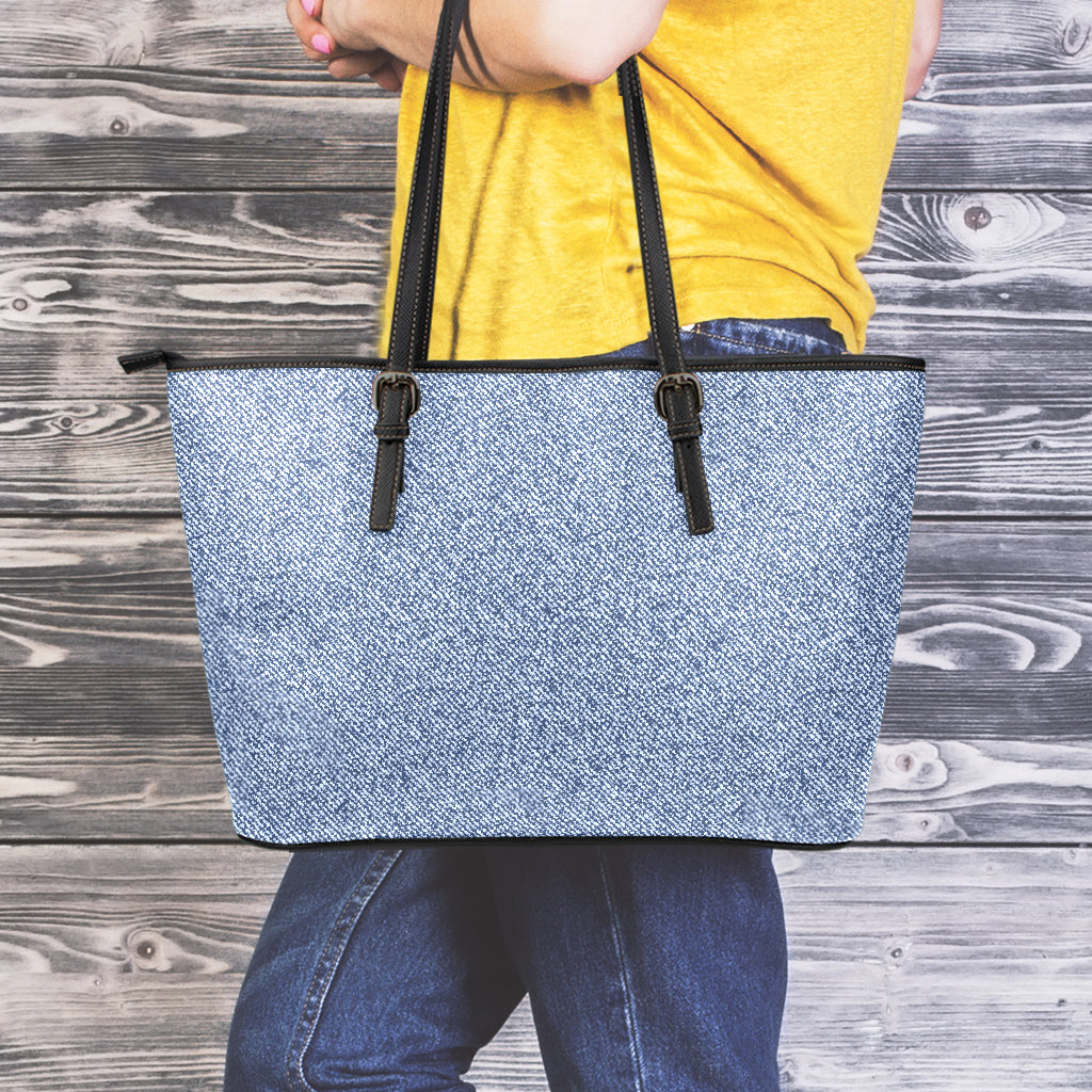 Blue Denim Jeans Pattern Print Leather Tote Bag