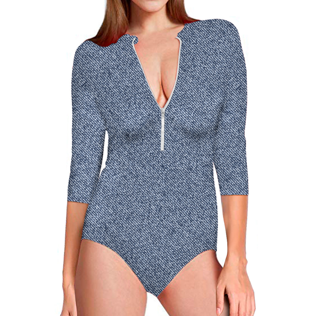 Blue Denim Jeans Pattern Print Long Sleeve One Piece Swimsuit