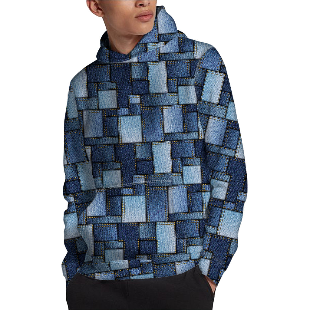 Blue Denim Patchwork Pattern Print Pullover Hoodie