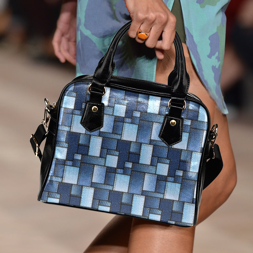 Blue Denim Patchwork Pattern Print Shoulder Handbag