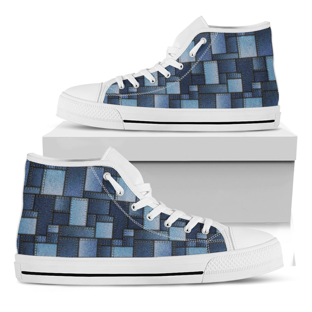 Blue Denim Patchwork Pattern Print White High Top Shoes