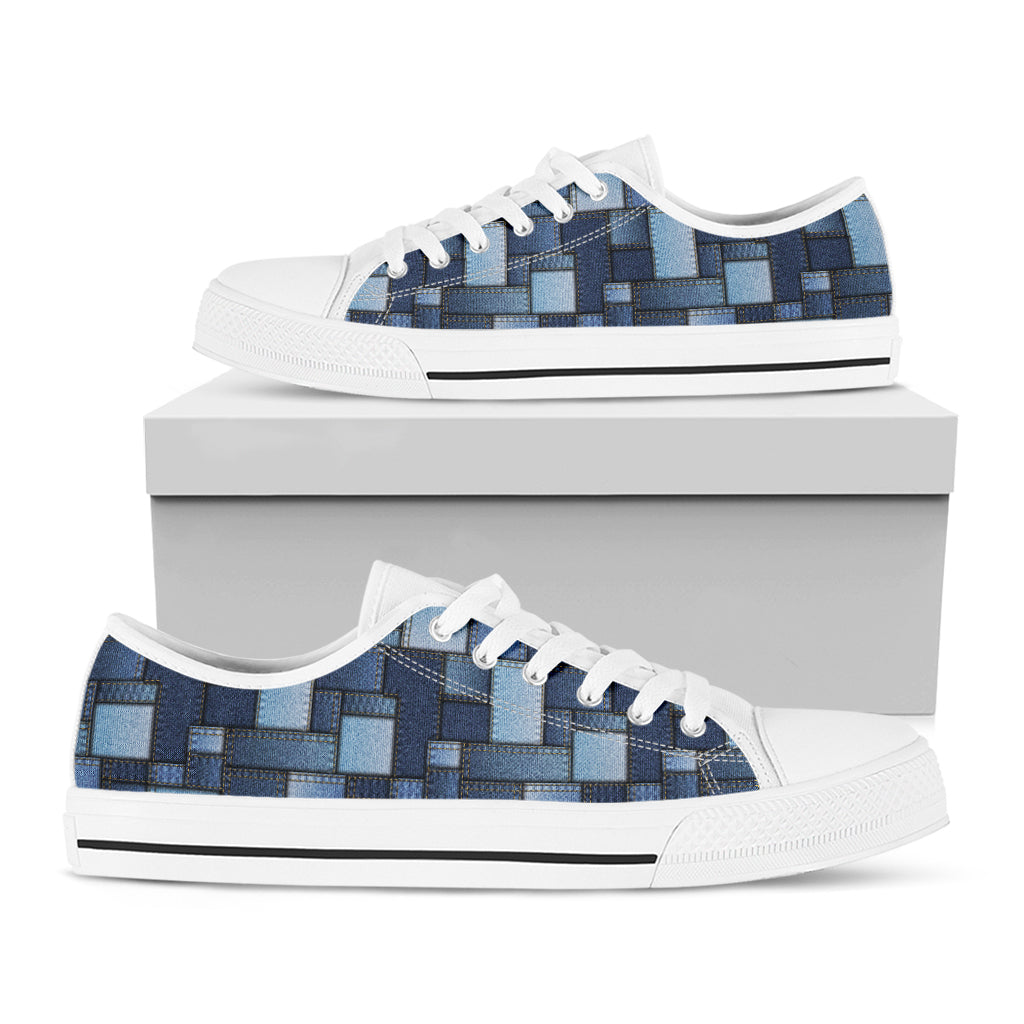 Blue Denim Patchwork Pattern Print White Low Top Shoes