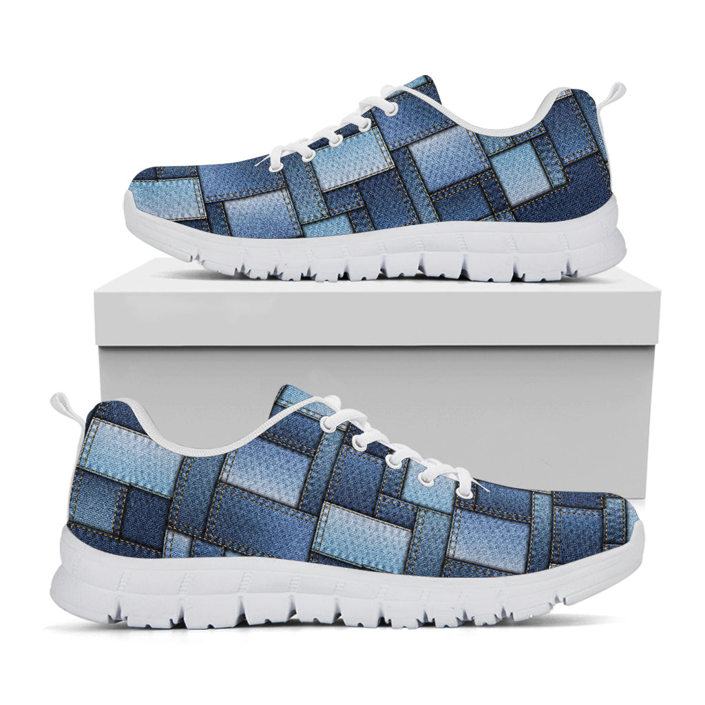 Blue Denim Patchwork Pattern Print White Sneakers
