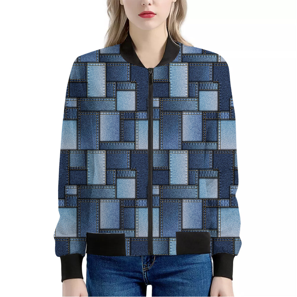 Blue Denim Patchwork Pattern Print Women's Bomber Jacket
