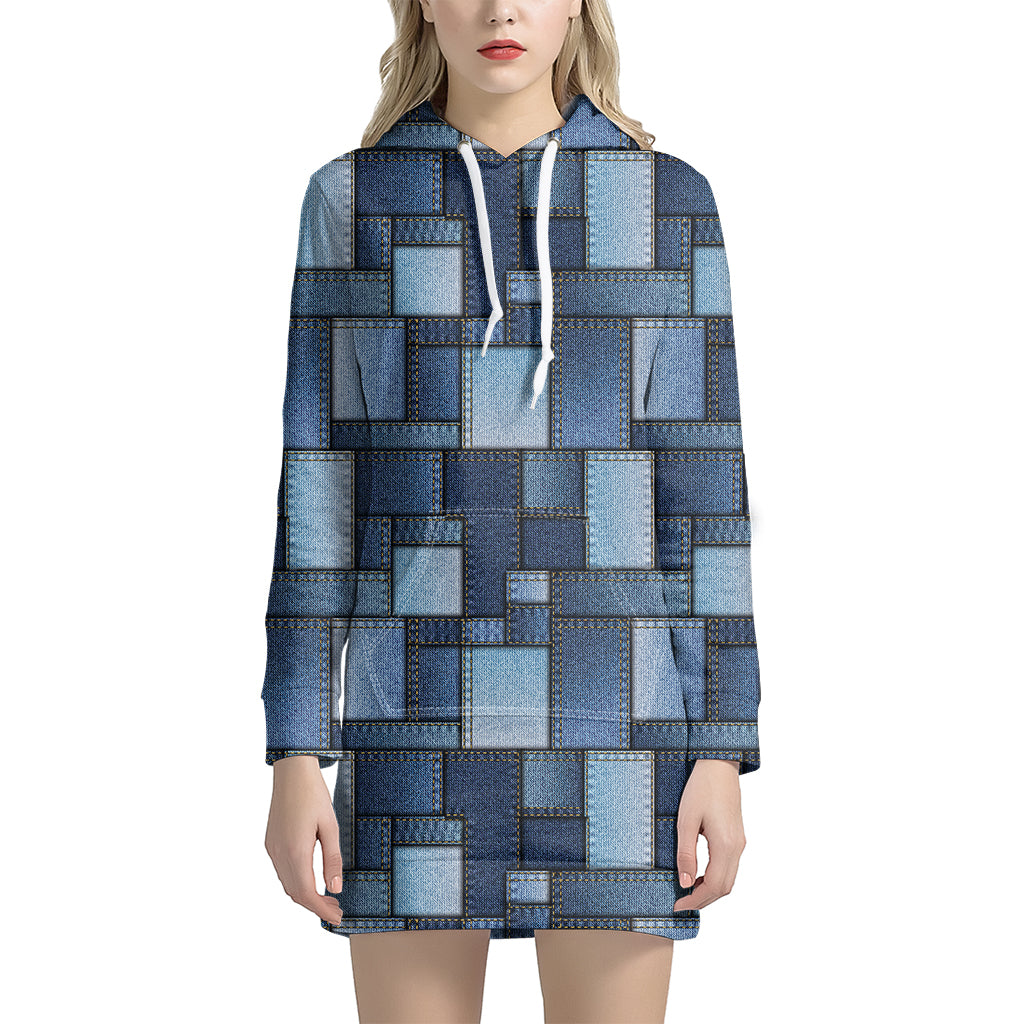 Blue Denim Patchwork Pattern Print Women's Pullover Hoodie Dress