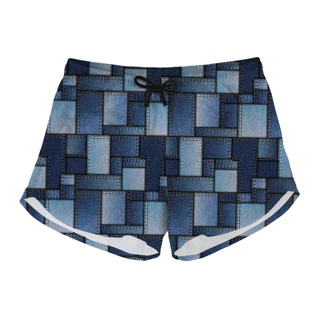 Blue Denim Patchwork Pattern Print Women's Shorts