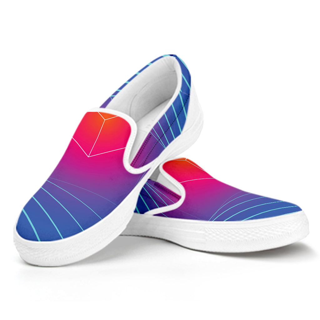 Blue Geometric EDM Light Print White Slip On Shoes