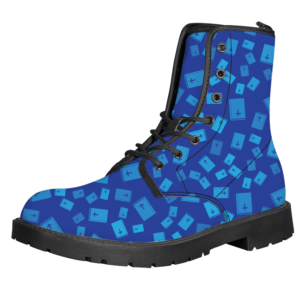 Blue Holy Bible Pattern Print Leather Boots