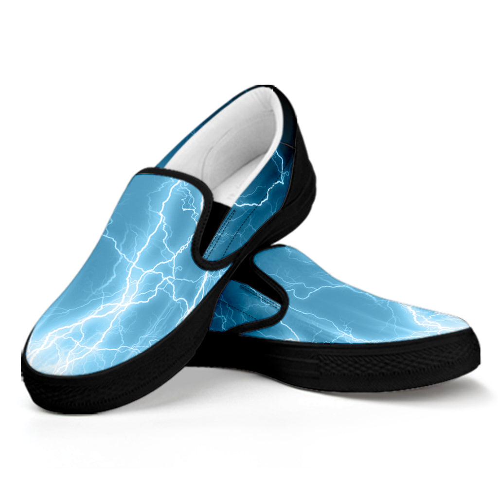 Blue Lightning Print Black Slip On Shoes