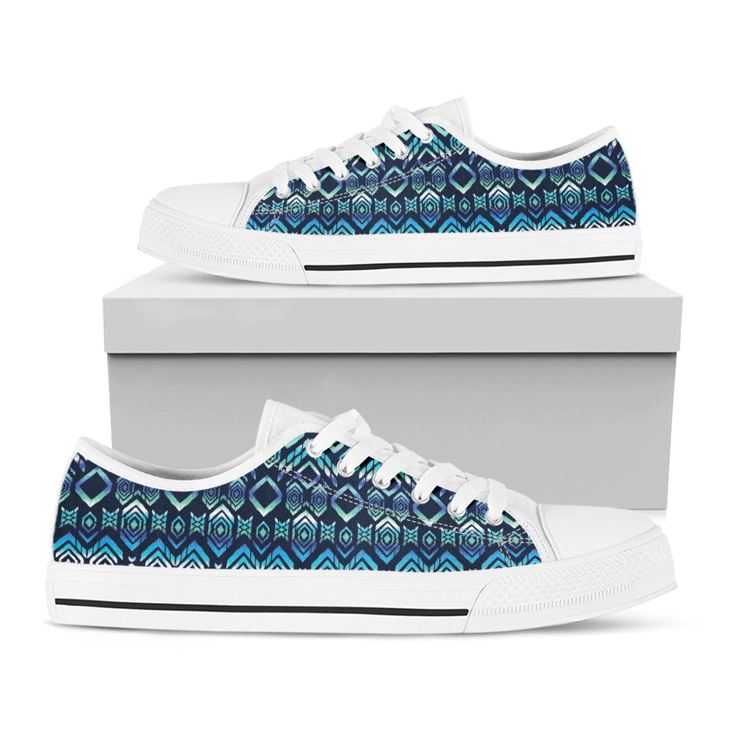 Blue Native Aztec Tribal Pattern Print White Low Top Shoes