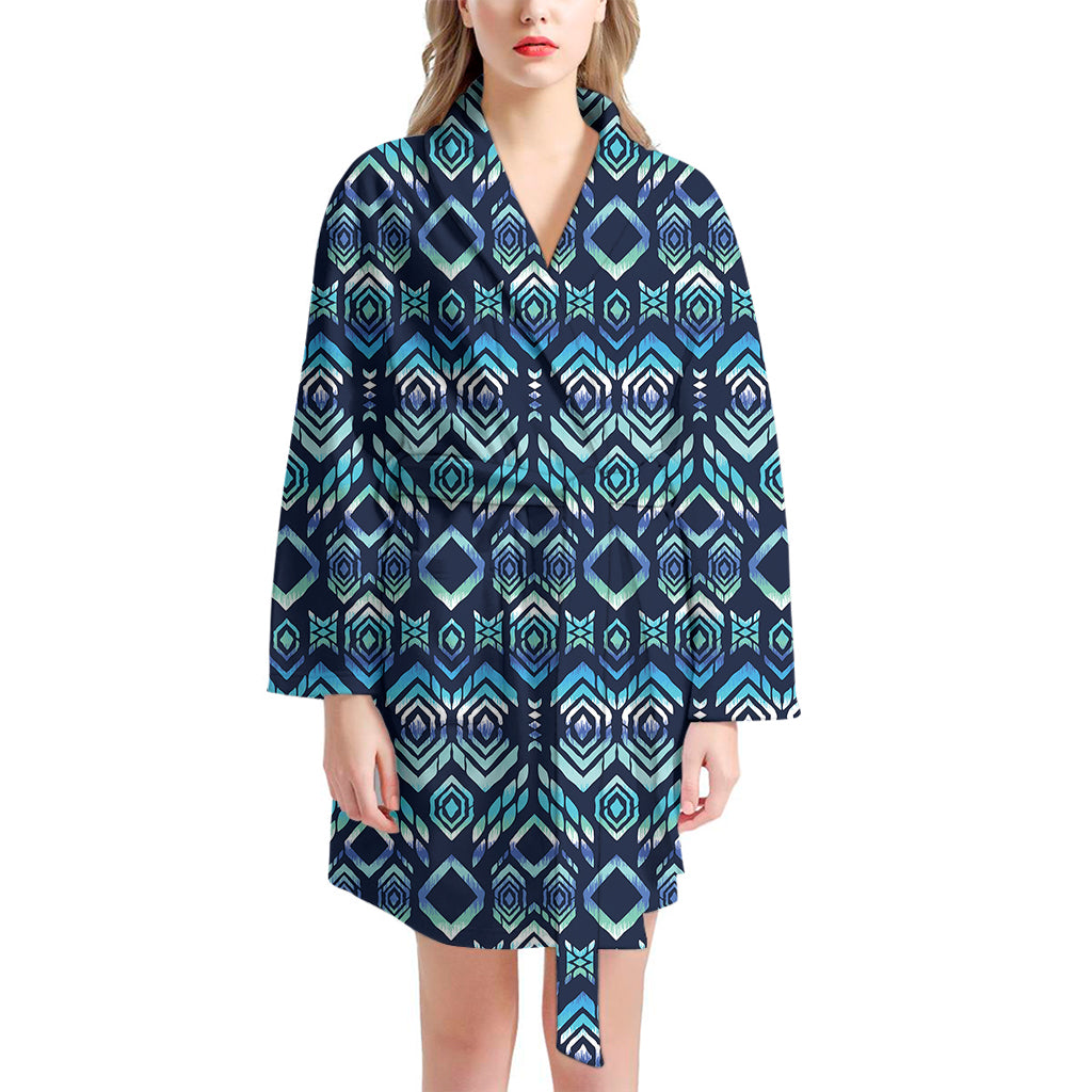 Blue Native Aztec Tribal Pattern Print Women's Bathrobe