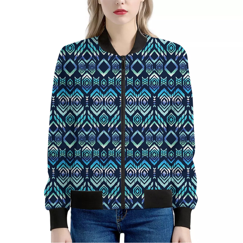 Blue Native Aztec Tribal Pattern Print Women's Bomber Jacket