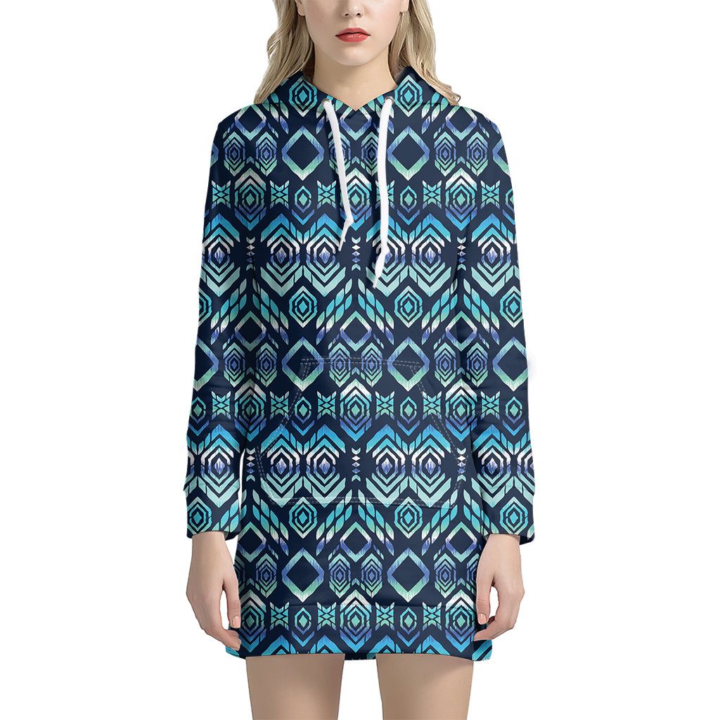 Blue Native Aztec Tribal Pattern Print Women's Pullover Hoodie Dress