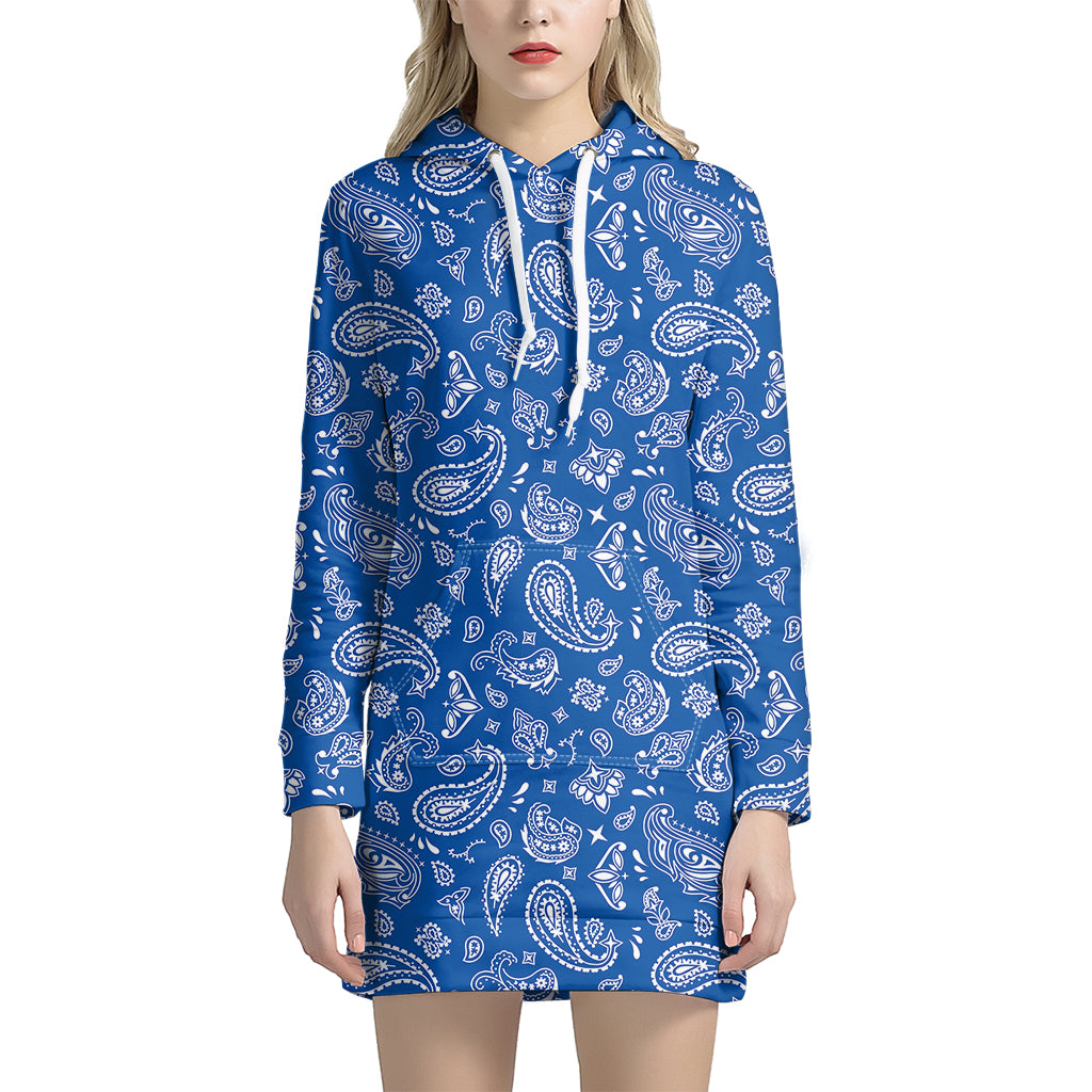 Blue Paisley Bandana Pattern Print Women's Pullover Hoodie Dress