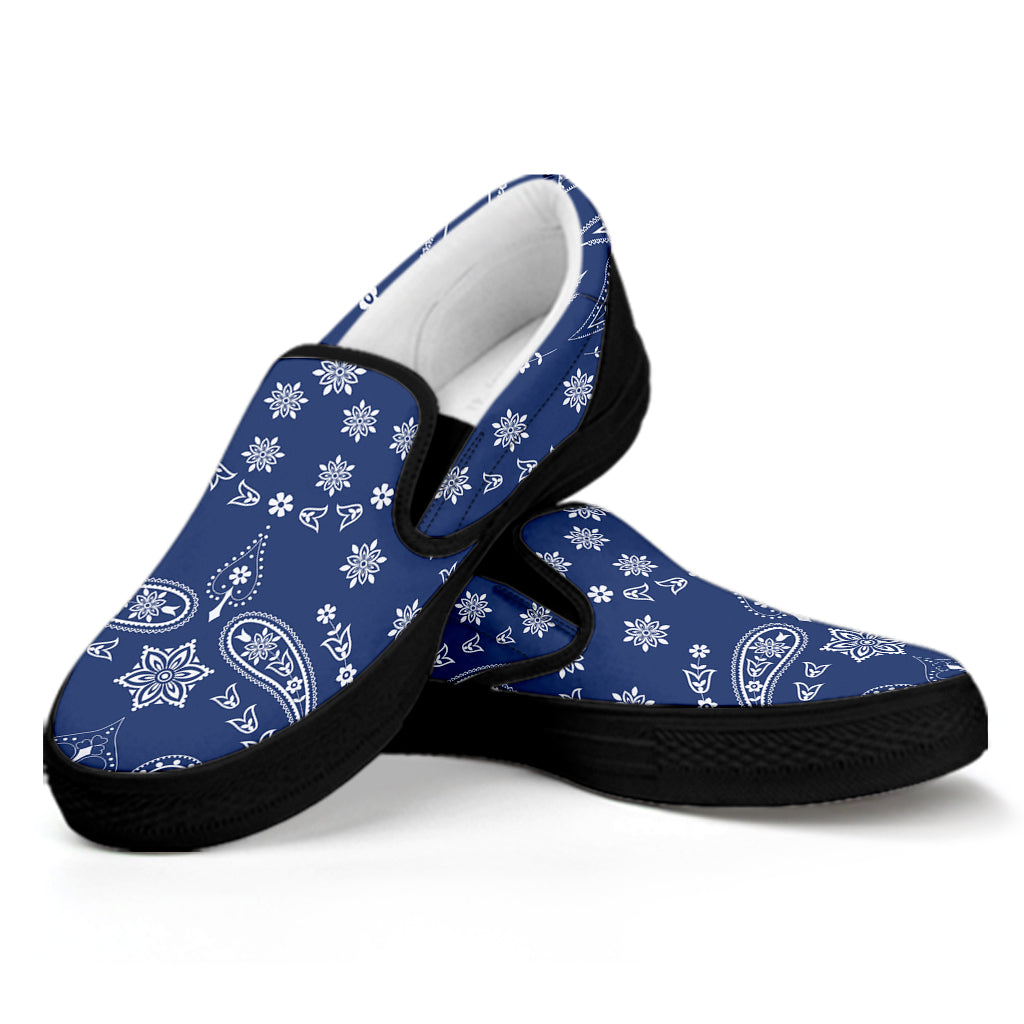 Blue Paisley Bandana Print Black Slip On Shoes