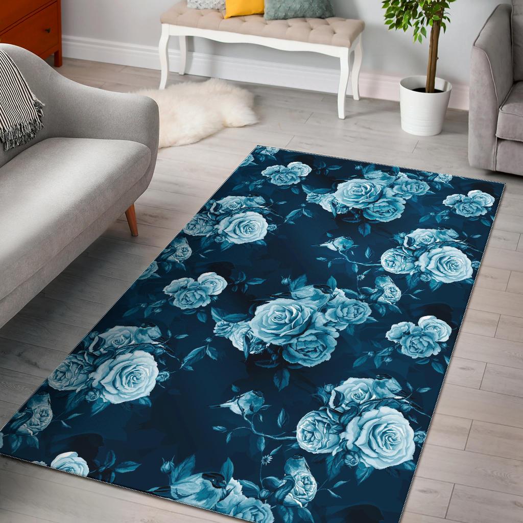 Blue Rose Floral Flower Pattern Print Area Rug